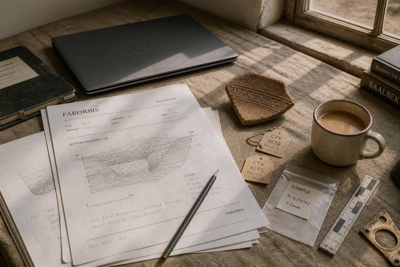 Printed field reports, laptop and pottery shard on a London consultancy table