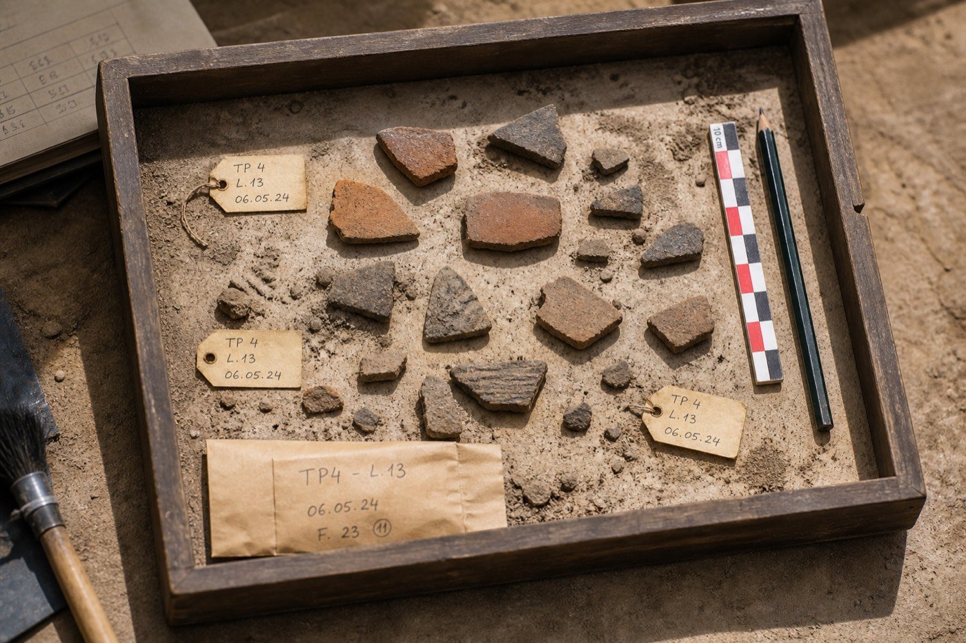Wooden artefact tray holding shards, tags and a measuring rod