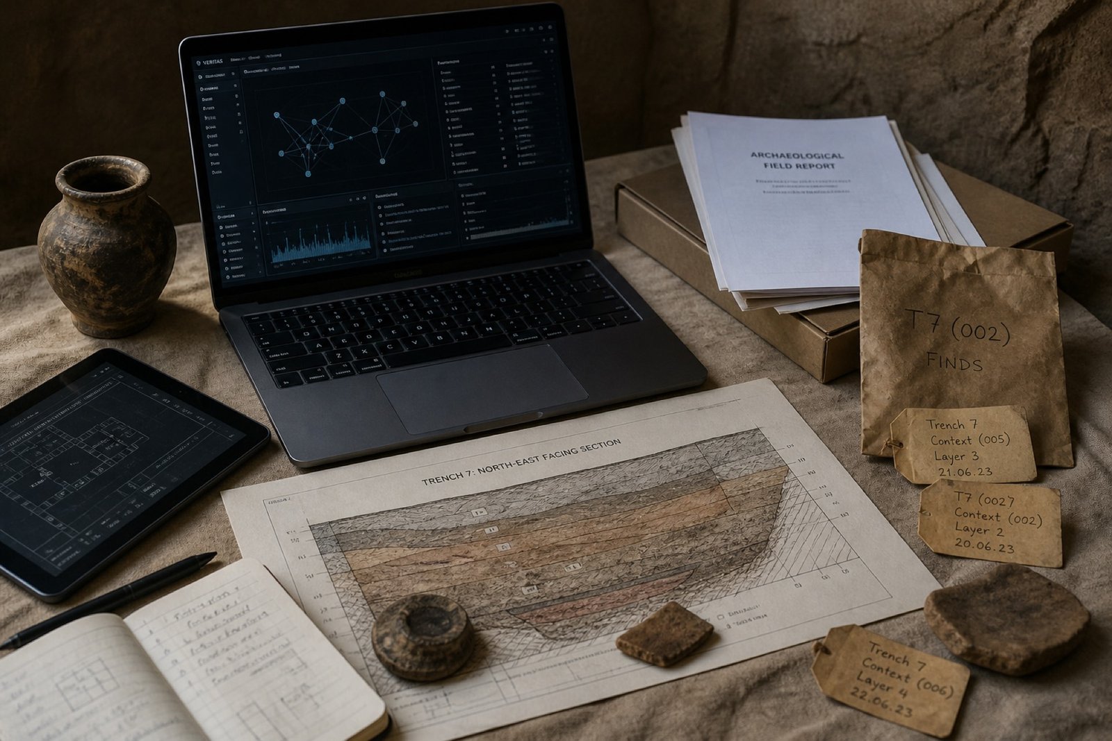 Laptop and field reports on a dusty canvas table with context tags